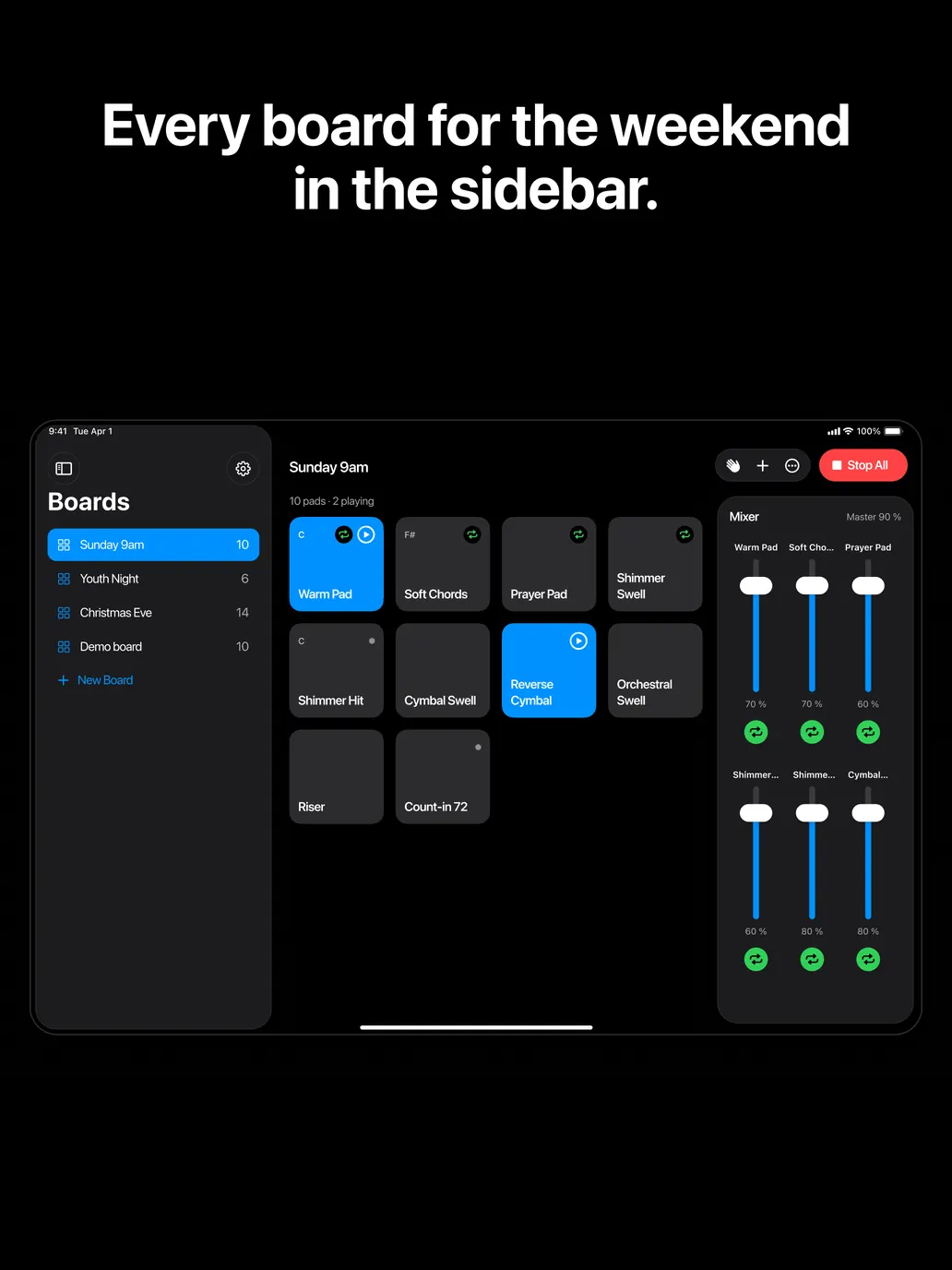 iPad in dark mode with the board list sidebar and mixer.