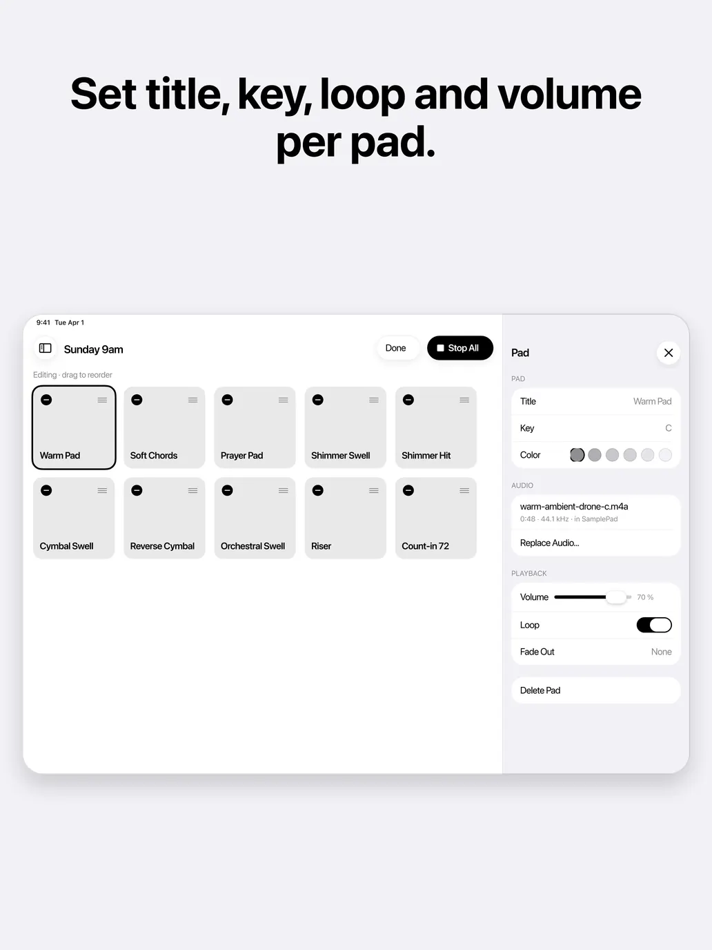 Editing a pad on iPad: name, symbol, volume and loop in the inspector.