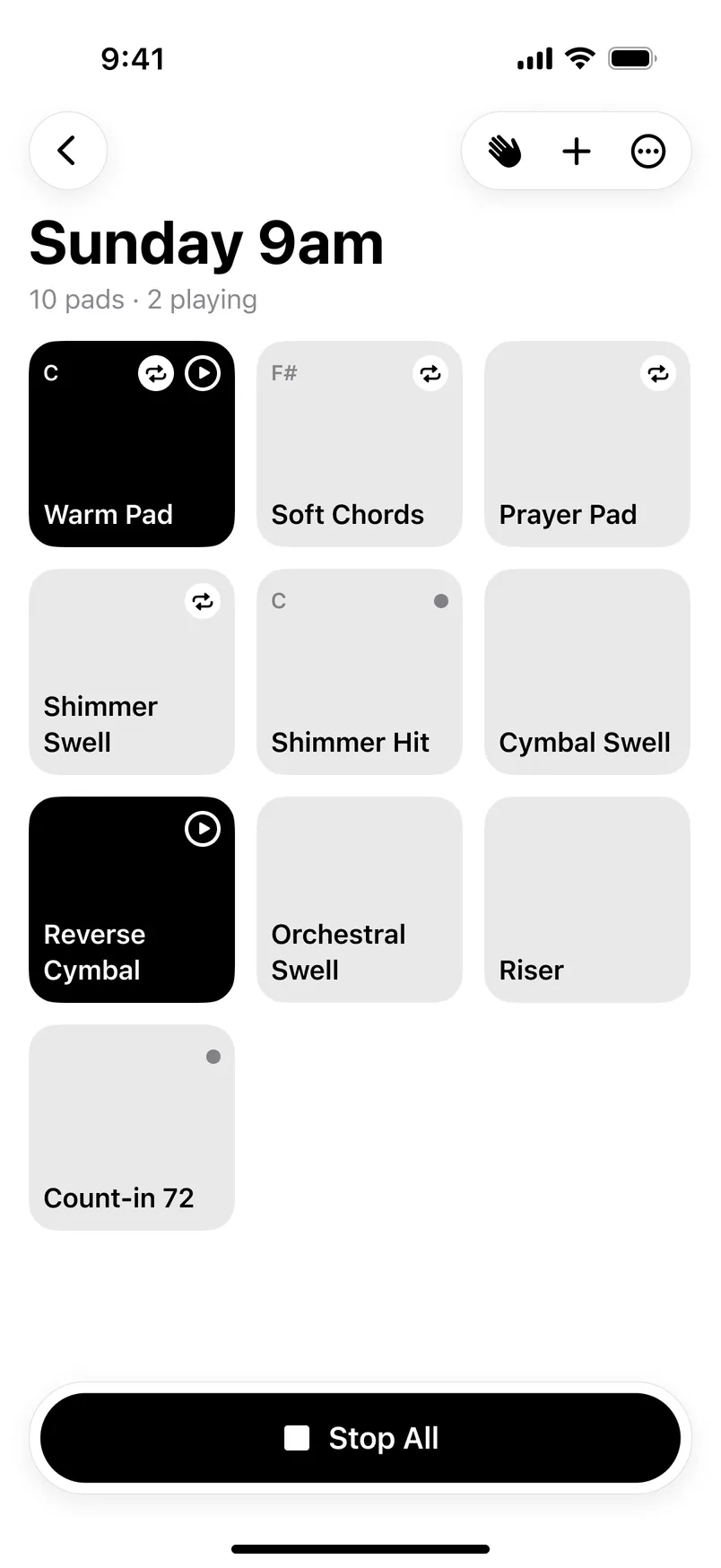 SamplePad on iPhone: the Sunday 9am board with pads in three columns and a Stop All button at the bottom.