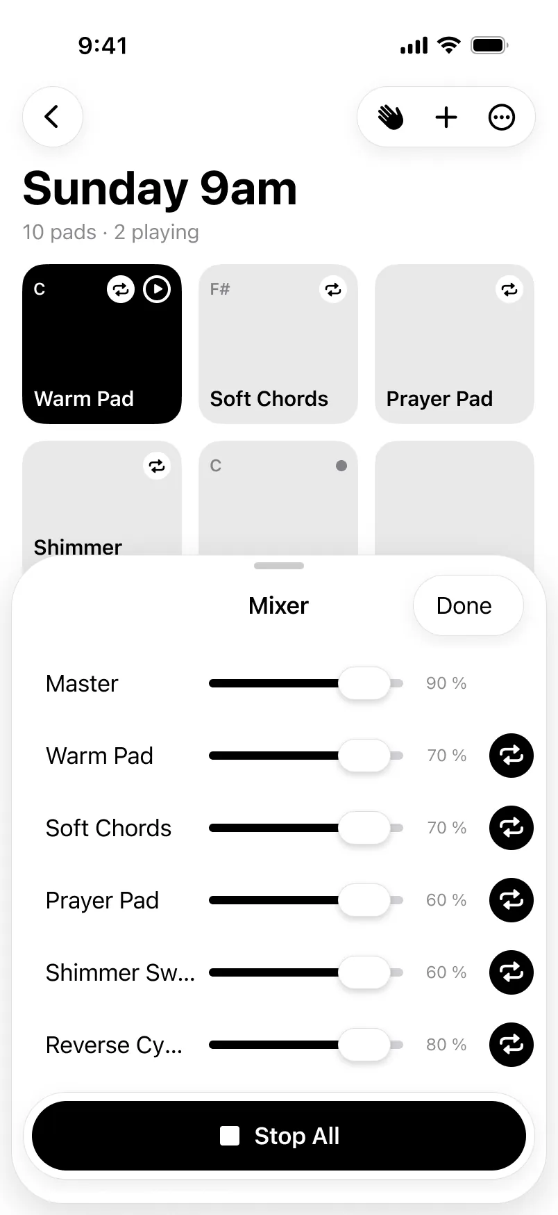iPhone mixer sheet with a fader and loop toggle for each pad and a master volume.
