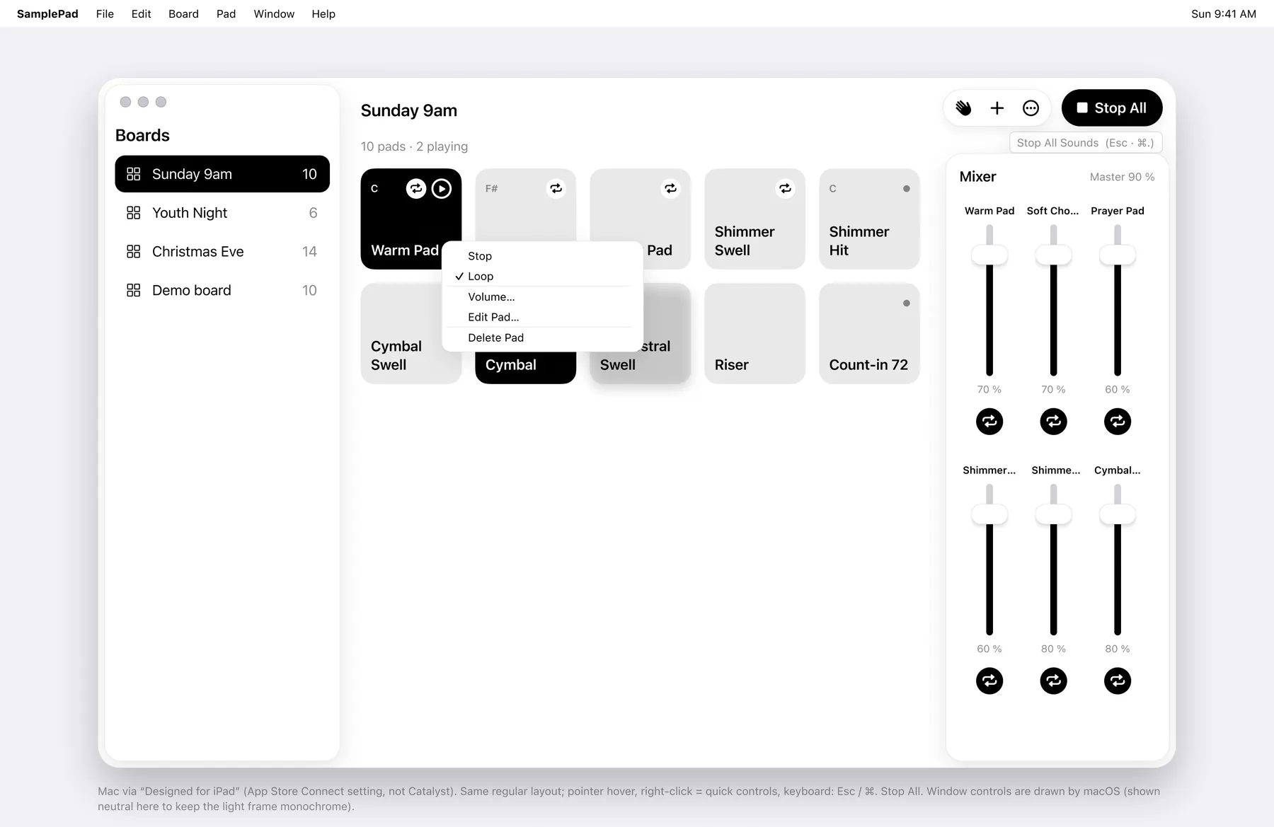 SamplePad in a Mac window with the board sidebar, pad grid and mixer.